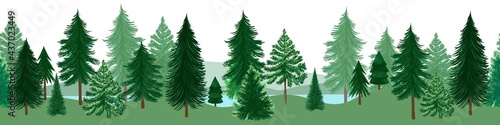 .Hand draw forest landscape with fir trees. Vector border seamless pattern.  Forest evergreen background. Cartoon style..