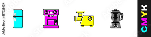 Set Refrigerator, Coffee machine, Kitchen meat grinder and Blender icon. Vector