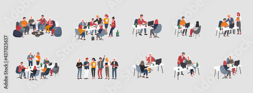 Fototapeta Naklejka Na Ścianę i Meble -  Office interior workplace with group workers communicating or talking to client or conversations between teamwork or meeting, brainstorming. Vector cartoon concept illustration