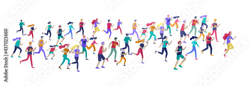 People Marathon Running Sport race sprint, concept illustration running men and women wearing sportswer in landscape. Jogging at Training. Healthy Active Speed Exercise. Cartoon Vector Illustration