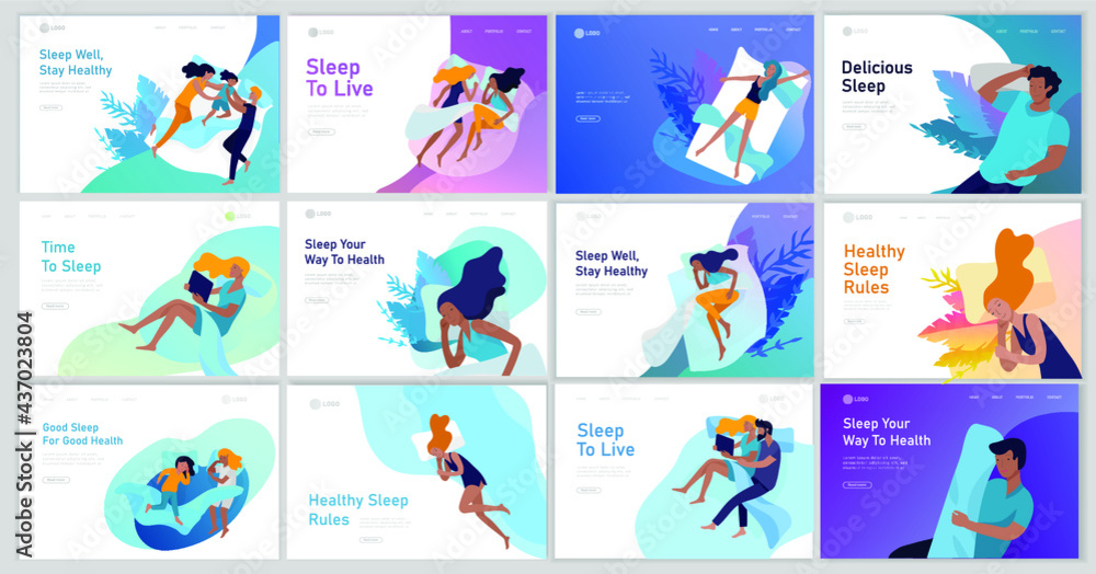 Obraz premium Collection of sleeping people character. Family with child are sleep in bed together and alone in various poses, different postures during night slumber. Top view. Colorful vector illustration