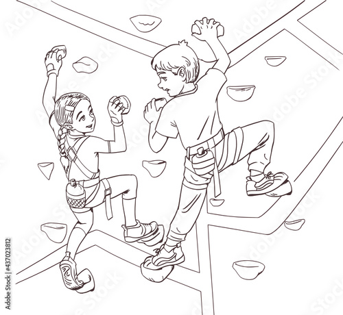 A girl and a boy climbers climb an artificial mountain. Coloring book anti stress design for kids and adults. Illustration isolated on white background. Kids sports workout entertainment line