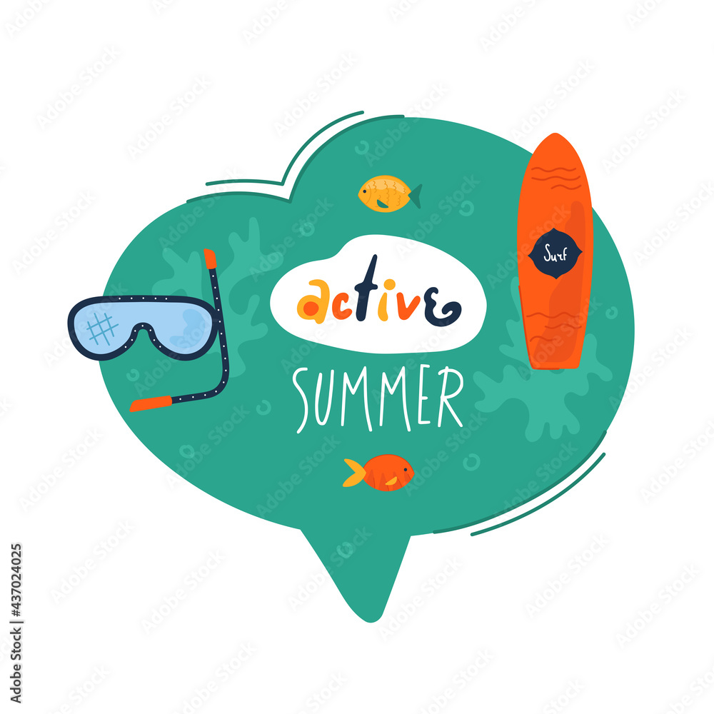 Naklejka premium Creative speech bubble Active summer. Doodle colorful summer sticker with cute icons. Stylized quote and slogan. Perfect for the design of mugs, gifts, textiles, cards, banners, posters, web and more