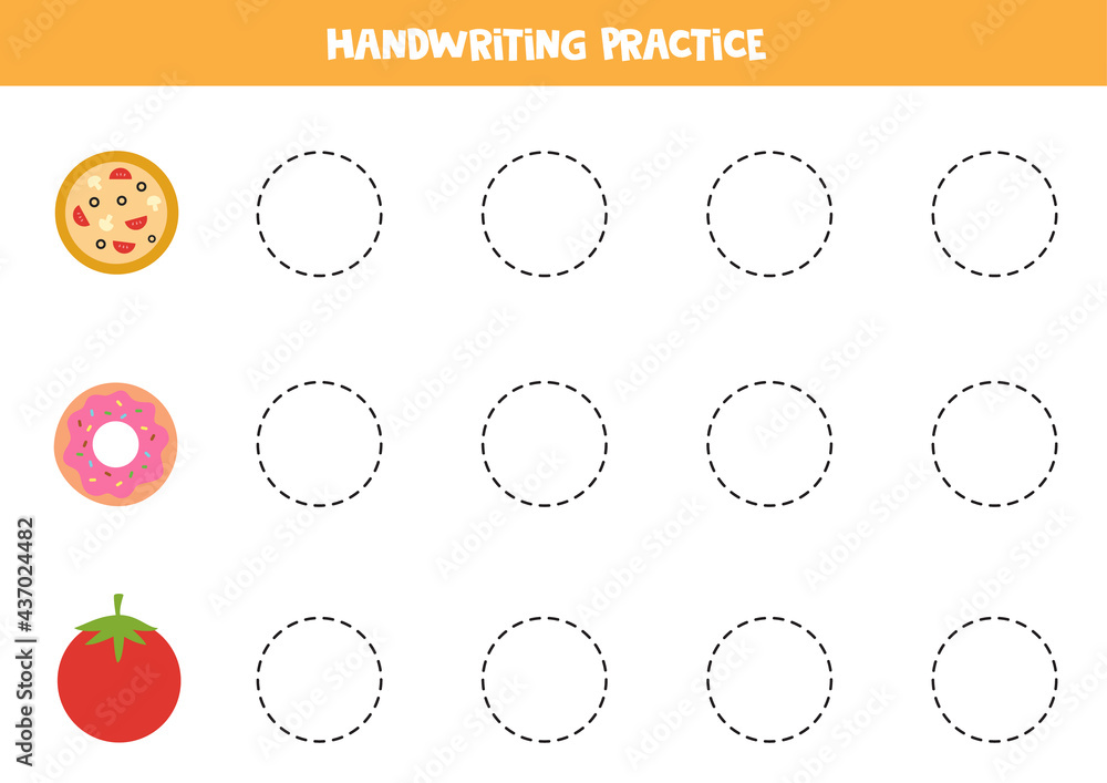 Trace contours of cute circle objects. Writing practice. Trace contours of cute circle objects. Writing practice.