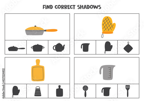 Find correct shadow of kitchen utensils. Printable clip card games for children.