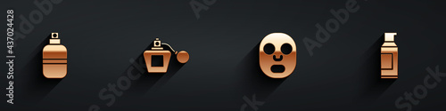 Set Perfume, , Facial cosmetic mask and Spray can for hairspray icon with long shadow. Vector