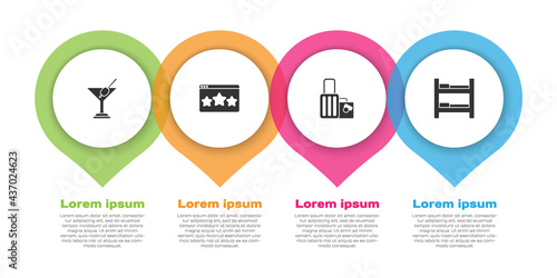 Set Martini glass, Five stars rating review, Suitcase and Hotel room bed. Business infographic template. Vector