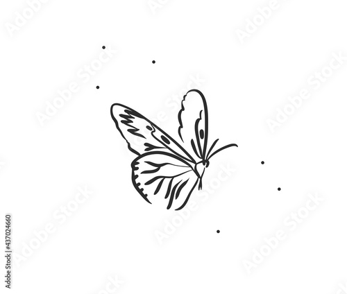Hand drawn vector abstract stock flat graphic illustration with logo element,bohemian magic art of butterfly silhouette in simple style for branding,isolated on white background.Feminine logo concept.