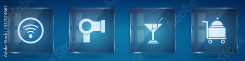 Set Wi-Fi wireless, Hair dryer, Martini glass and Covered with tray. Square glass panels. Vector