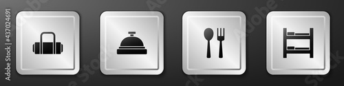 Set Suitcase, Hotel service bell, Fork and spoon and room bed icon. Silver square button. Vector