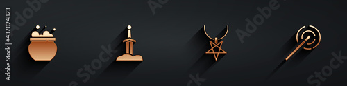 Set Witch cauldron, Sword in the stone, Pentagram necklace and Magic wand icon with long shadow. Vector