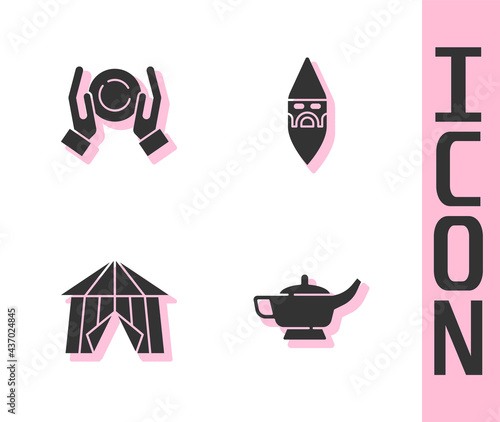 Set Magic lamp or Aladdin, ball on hand, Circus tent and Wizard warlock icon. Vector
