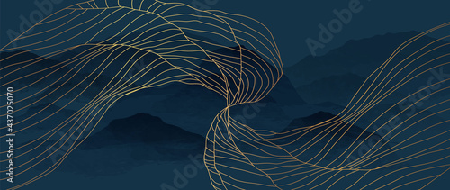 Blue mountain and golden line arts background vector. Oriental Luxury landscape background design with watercolor brush and gold line texture. Wallpaper design, Wall art for home decor and prints.