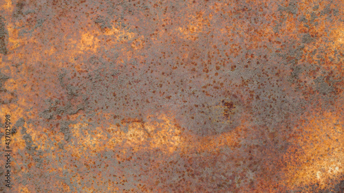 The texture of a rusty metal surface covered with dirt and multicolored rust.