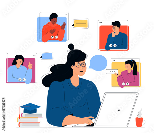 Online education. Distance learning. Female teacher giving lesson on laptop. Tutor having web conference with students.