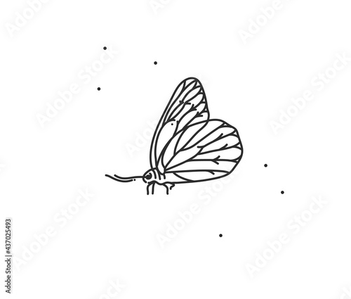 Hand drawn vector abstract stock flat graphic illustration with logo element,bohemian magic art of butterfly line art in simple style for branding,isolated on white background.Feminine logo concept