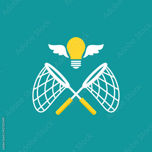 Crossed butterfly nets with flying bulbs. Catch, hunt, chase ideas and solutions symbol.