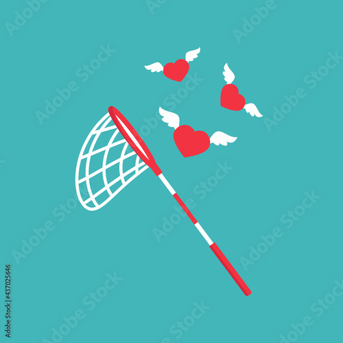 Butterfly, pool or fish net with flying hearts. Catch, hunt, chase symbol.