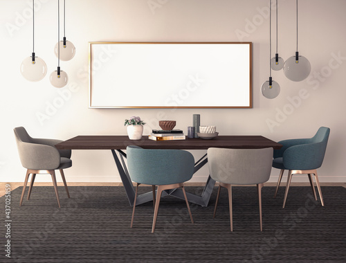 Gold vertical posters frames mock up in dinning room modern interior with luxury blue and grey chairs  wooden wall  3d Render