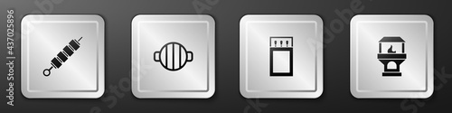 Set Grilled shish kebab, Barbecue grill, Matchbox and matches and Brick stove icon. Silver square button. Vector