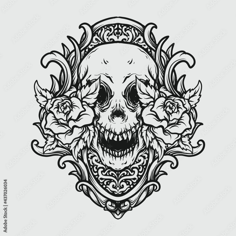 Fototapeta premium tattoo and t shirt design black and white hand drawn skull and rose engraving ornament