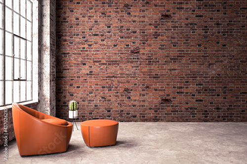 Loft interior with brick wall and armchair, pot with cactus in the background. 3d rendering