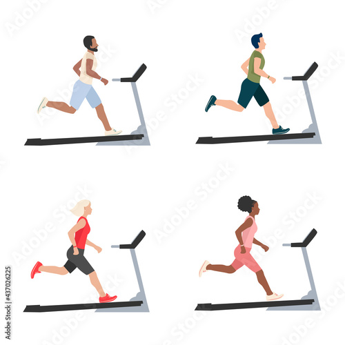 Vector set of people of different gender and nationalities running on a treadmill. Active people in the gym.