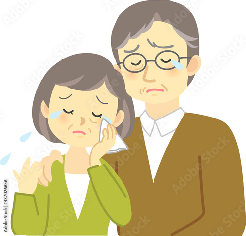 イラスト素材:老夫婦が悲しい表情で肩を寄せ合い泣き合う場面
