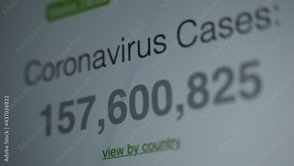 Coronavirus pandemic statistics on screen. Number of Covid 19 cases rising. Map data showing increasing numbers of Corona virus pandemic infected cases. international statistics. Health care concept. Coronavirus pandemic statistics on screen. Number of Covid 19 cases rising. Map data showing increasing numbers of Corona virus pandemic infected cases. international statistics. Health care concept.