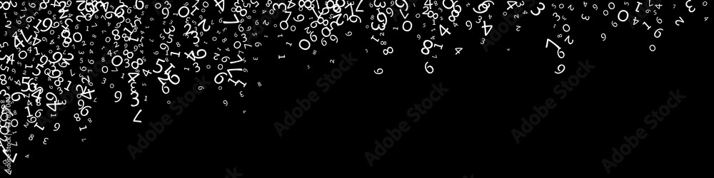 Falling numbers, big data concept. Binary white messy flying digits. Excellent futuristic banner on black background. Digital vector illustration with falling numbers.