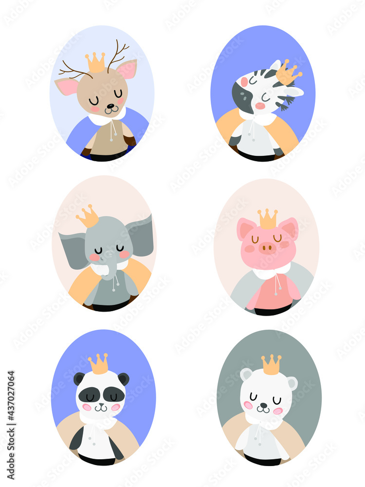 Obraz premium animal kids in crowns in oval frames