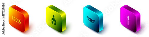 Set Isometric Ancient Greek pattern, helmet, Helmet with wings and Medieval spear icon. Vector