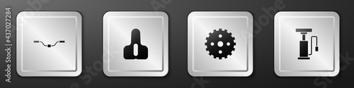 Set Bicycle handlebar, seat, sprocket crank and air pump icon. Silver square button. Vector