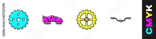 Set Bicycle sprocket crank, shoes, and handlebar icon. Vector