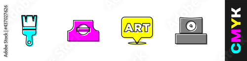 Set Paint brush, Spray can nozzle cap, Speech bubble with text art and icon. Vector