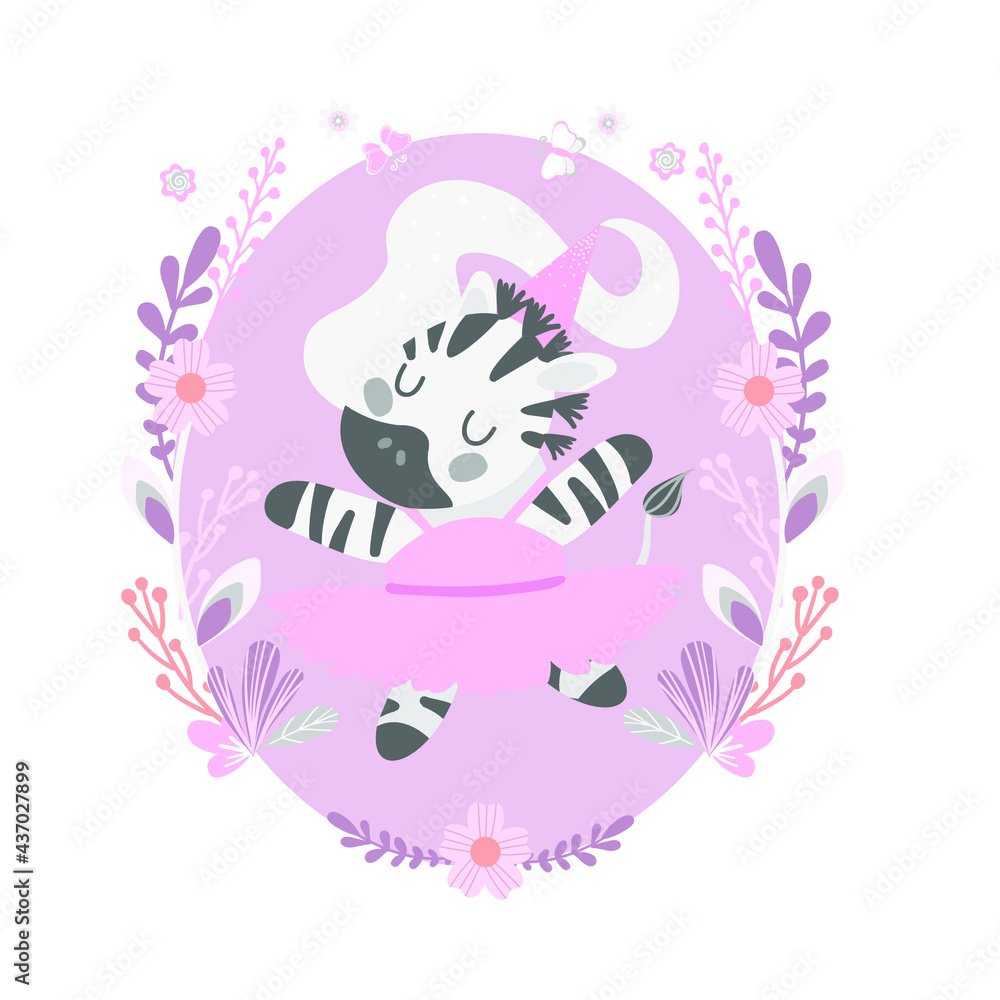
zebra ballerina in oval frame with flowers
