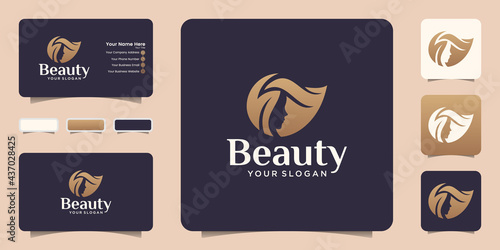 beauty logo, leaf with beautiful woman face silhouette icon and business card design
