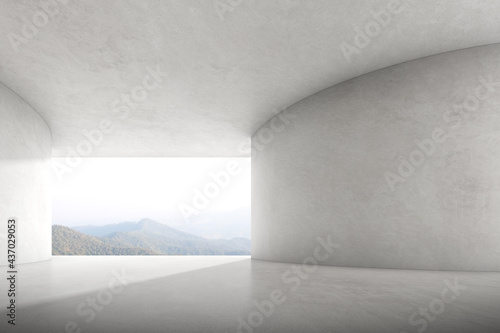 3d render of empty concrete room with large window on mountain background.