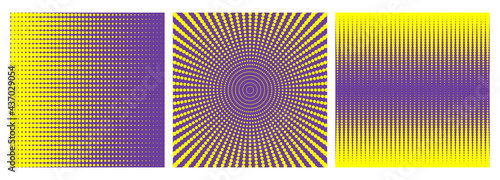 Halftone dots background set. Geometric dynamic pattern. Op art style.