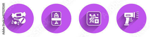 Set Candy, Fish plastic tray container, QR code and Scanner scanning bar icon with long shadow. Vector