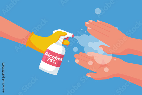 Antibacterial spray for hand disinfection. Man holds bottle of antiseptic. Disinfectant concept. Vector illustration flat design. Preventive coronavirus Covid-19. Personal hygiene. Washing alcohol.
