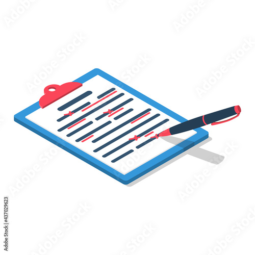Editing documents to correct errors. Proofreader checks transcription written text. Clipboard and red pen. Spell check. Vector illustration isometric design. Isolated white background.