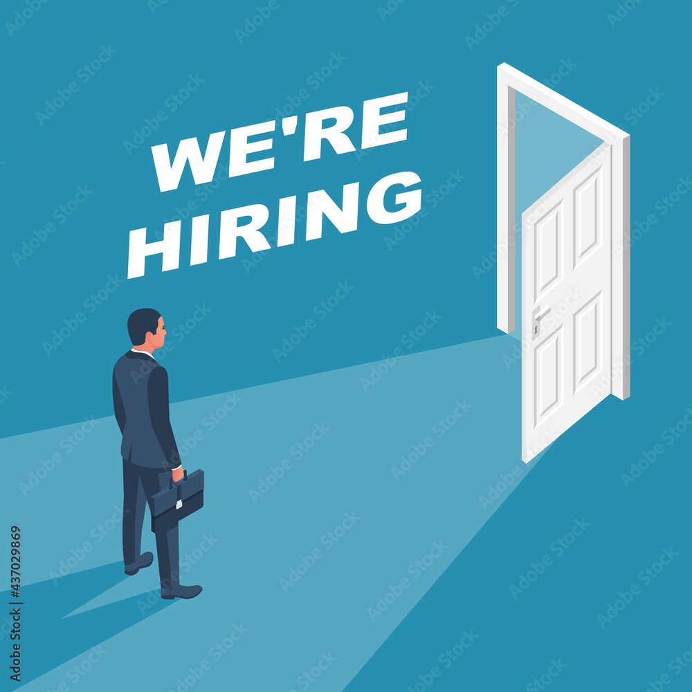 We are hiring concept. Businessman stands in front of an open door. Symbol invitation to work. Hiring new staff. Vector illustration flat design. Isolated on white background. We are hiring concept. Businessman stands in front of an open door. Symbol invitation to work. Hiring new staff. Vector illustration flat design. Isolated on white background.