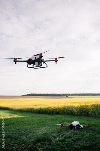 Agriculture drone fly to spray fertilizer on the rice fields