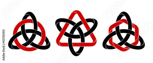 Set of triquetra knots with circle, triangle and hexagon shapes made of intertwined mobius stripes. Stylized celtic trinity symbols for tattoo design. Vector isolated illustration.