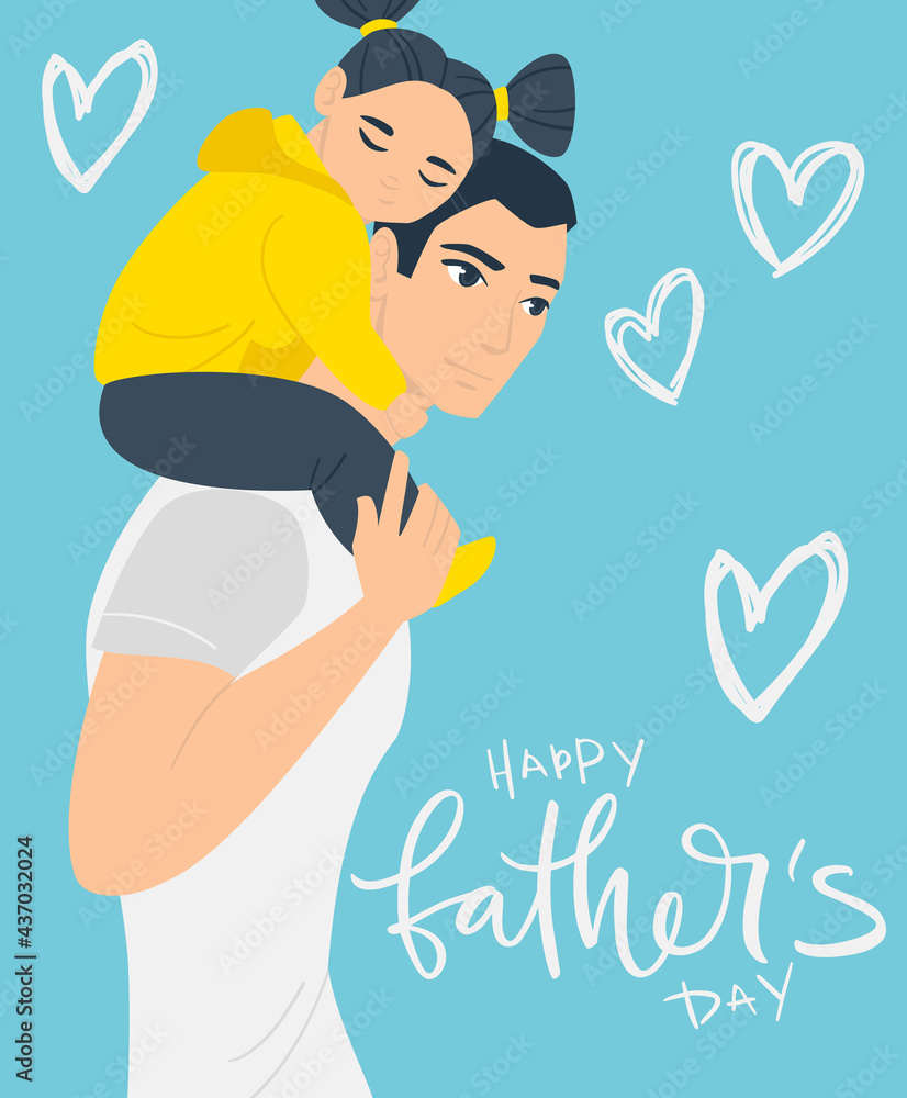 Happy father's day! Cartoon Illustration with dad and daughter. Cute  holidays poster, greeting card or banner. The child sleeps on the shoulders  of the father. Stock Vector | Adobe Stock