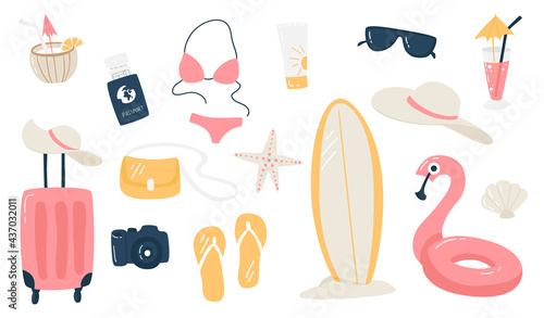 Summer vacation set. Resort concept. Travel set with coconut cocktail, swimsuit, surfboard, suitcase, sunglasses, camera, lifebuoy, passport etc.