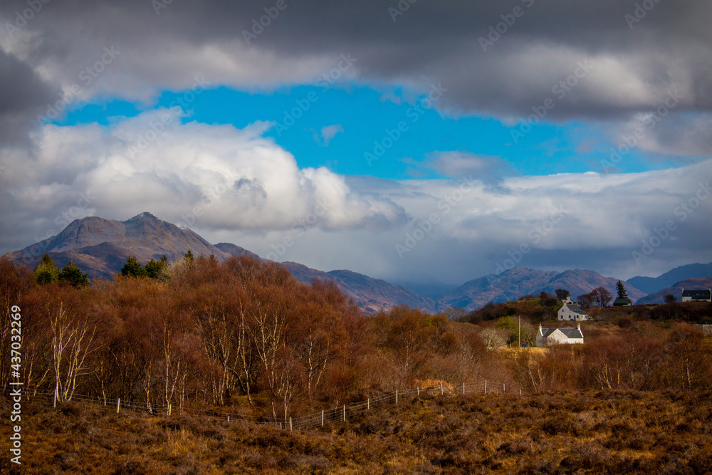 Some cottages at the Isle of Skye, Scotland, United Kingdom, hiking in mid-April.