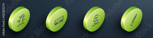 Set Isometric line African tree, Hunting cartridge belt, Road traffic sign and gun icon. Vector