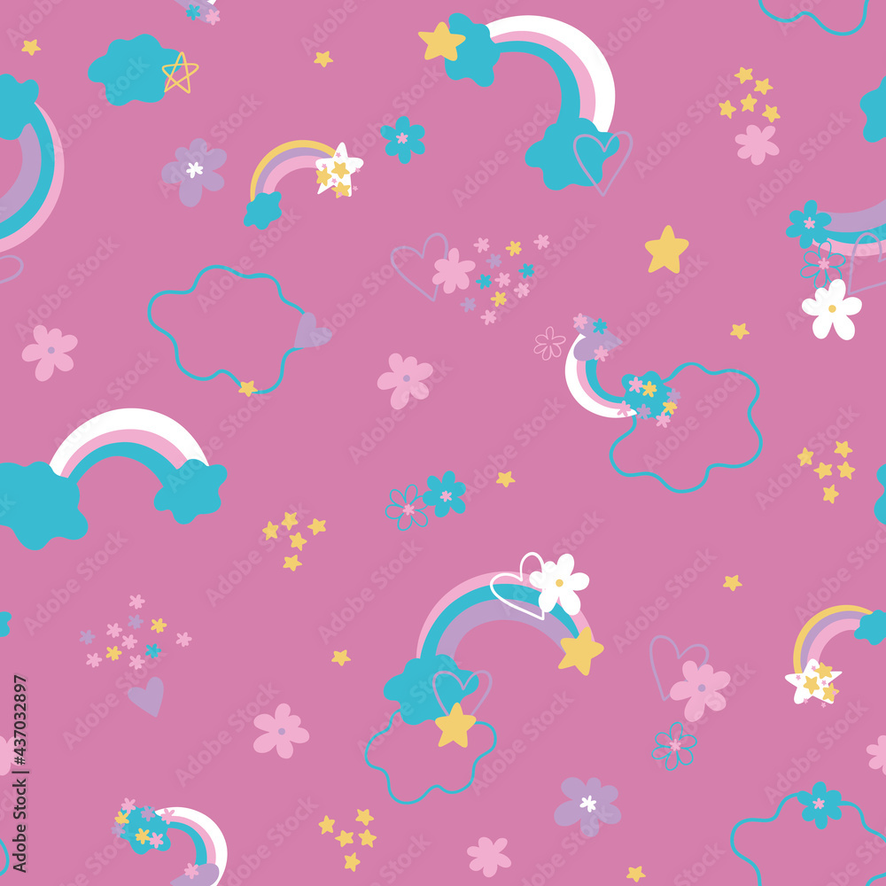 delicate cute vector children's pattern with rainbows, stars and flowers on a pink background